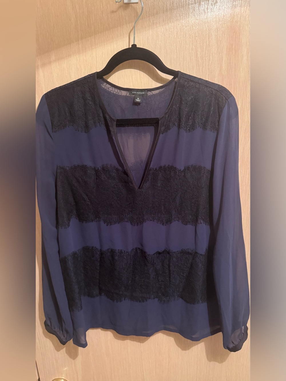 Ann Taylor Navy and Black Lace-Panel V-Neck Blouse